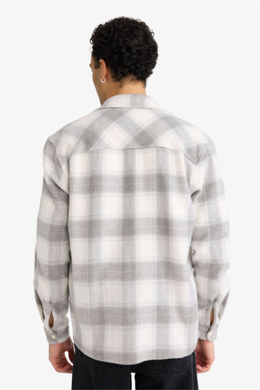 رجال رمادي فاتح Regular Fit Plaid Long Sleeve Shirt