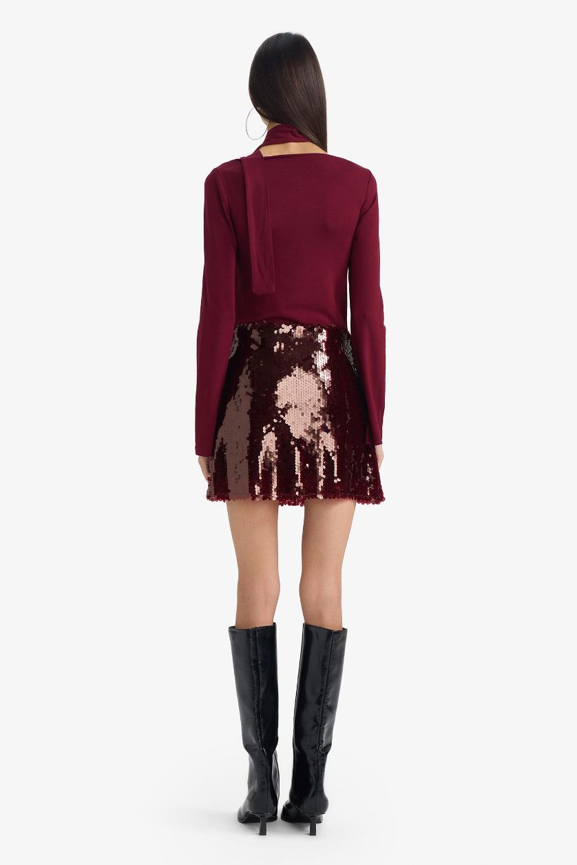 Kadın Bordo Fitted Normal Bel Astarlı Payetli Kumaş Mini Etek