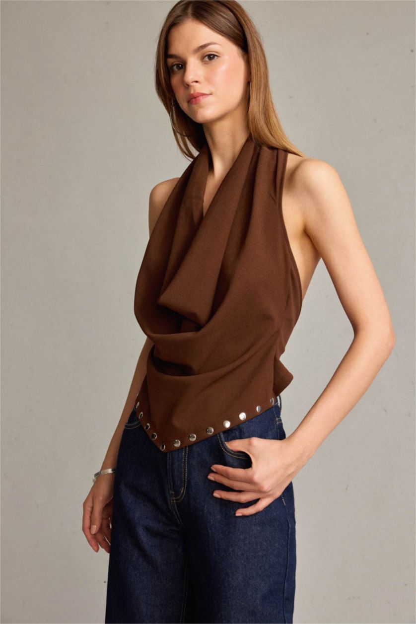Woman Brown Short Sleeve Blouse