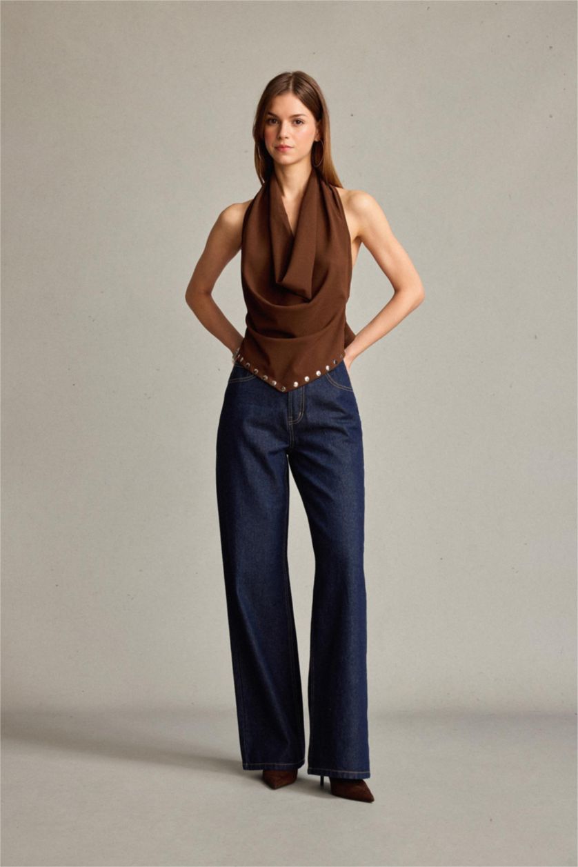 Woman Brown Short Sleeve Blouse