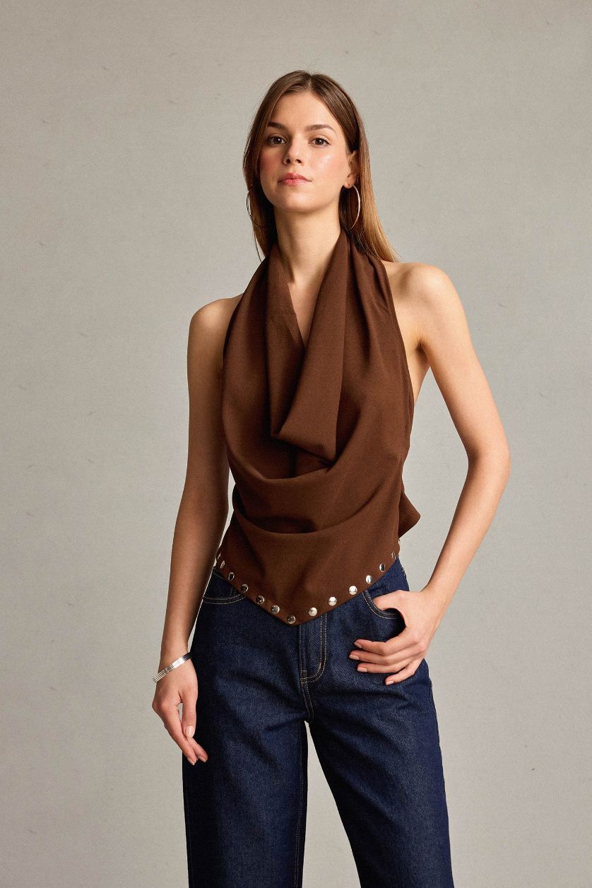 Woman Brown Short Sleeve Blouse