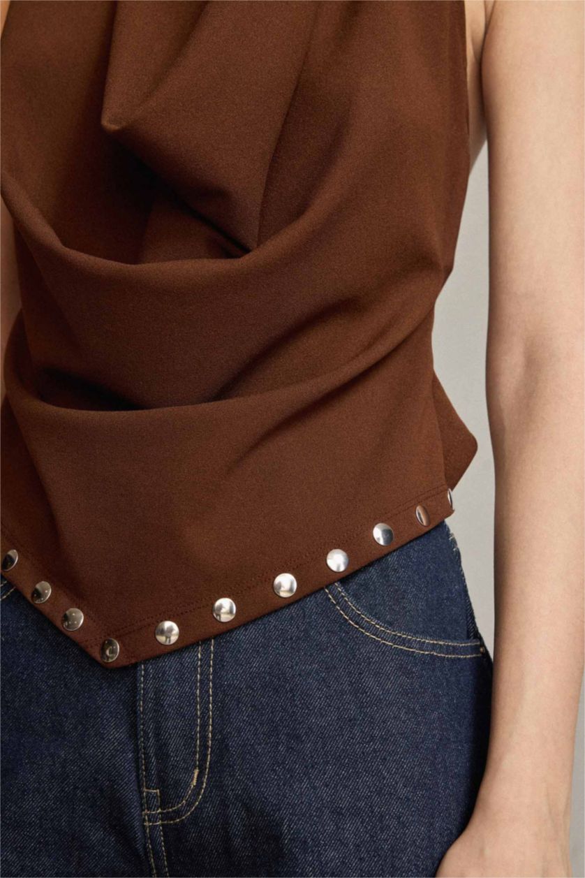 Woman Brown Short Sleeve Blouse