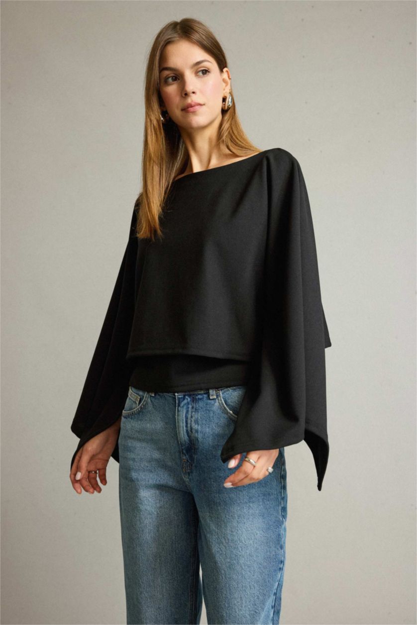 Kadın Siyah Kayık Yaka Yarasa Kollu Bluz