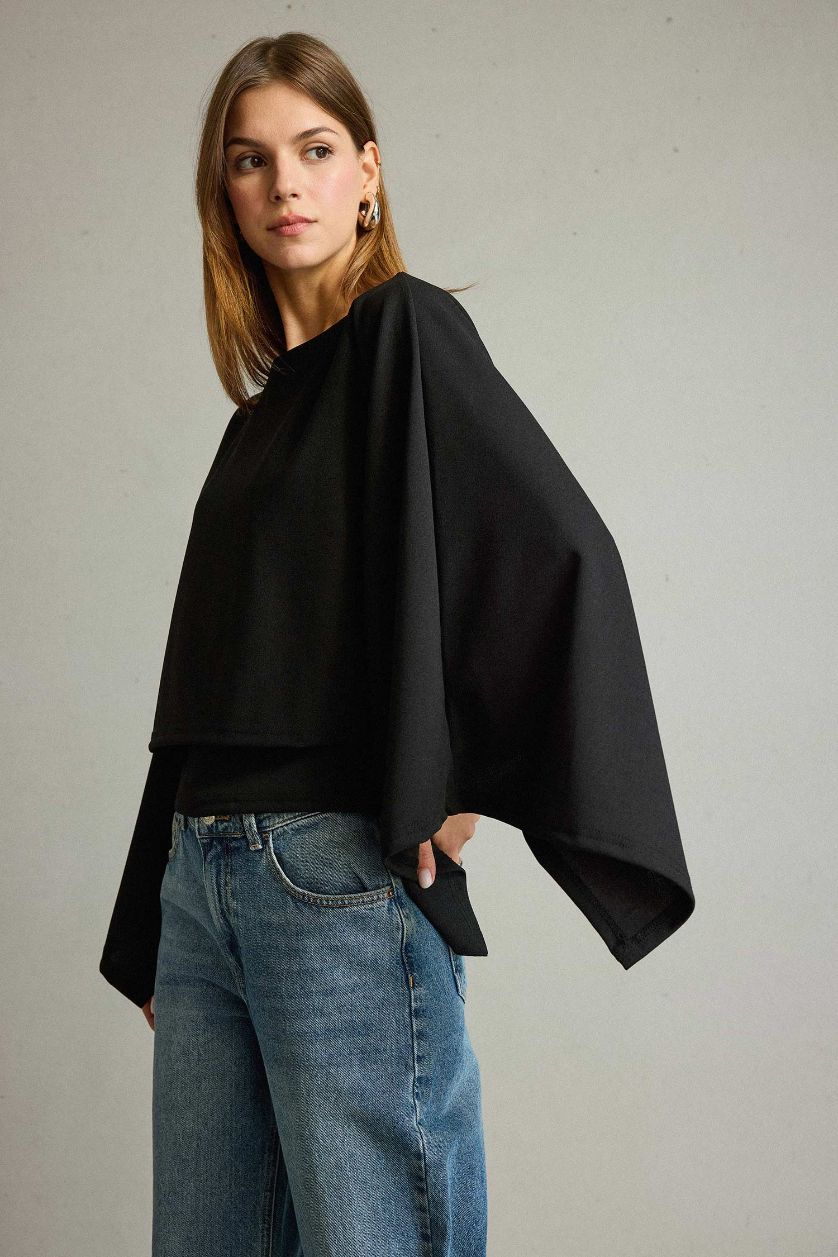 Kadın Siyah Kayık Yaka Yarasa Kollu Bluz