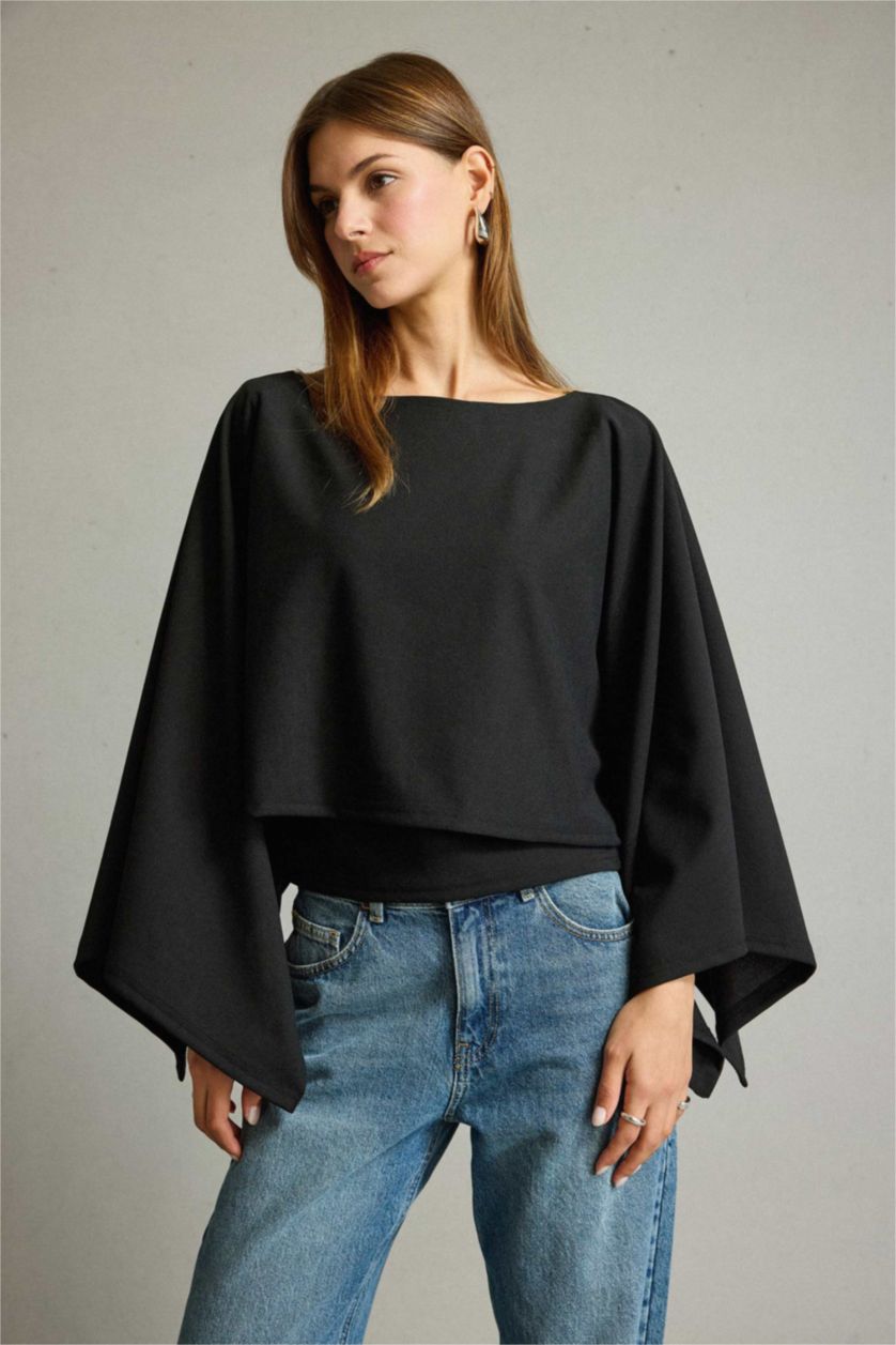 Kadın Siyah Kayık Yaka Yarasa Kollu Bluz