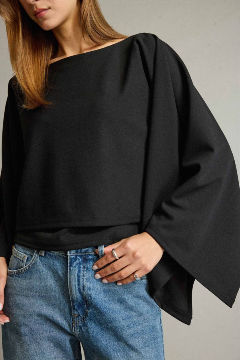 Kadın Siyah Kayık Yaka Yarasa Kollu Bluz