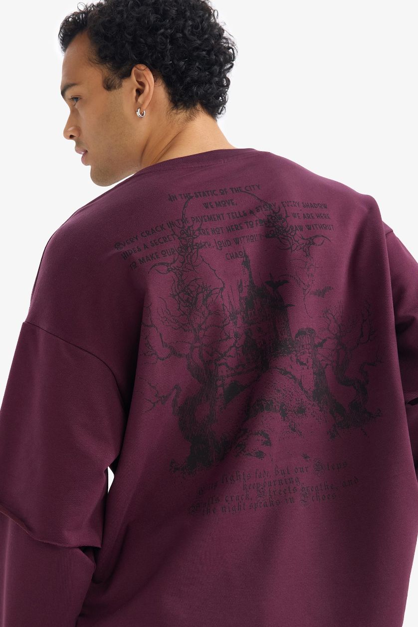 Erkek Bordo Boxy Fit Bisiklet Yaka Sırt Baskılı Sweatshirt