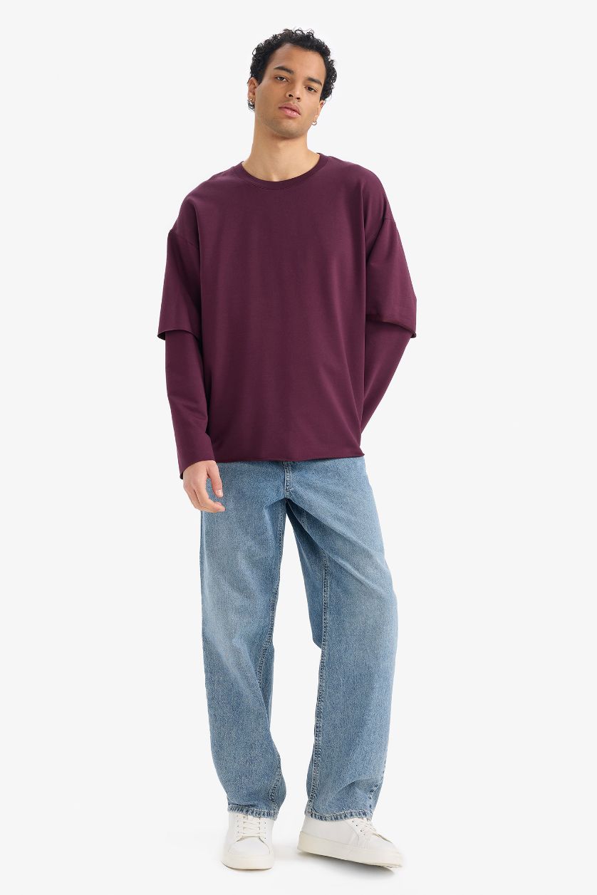 Erkek Bordo Boxy Fit Bisiklet Yaka Sırt Baskılı Sweatshirt