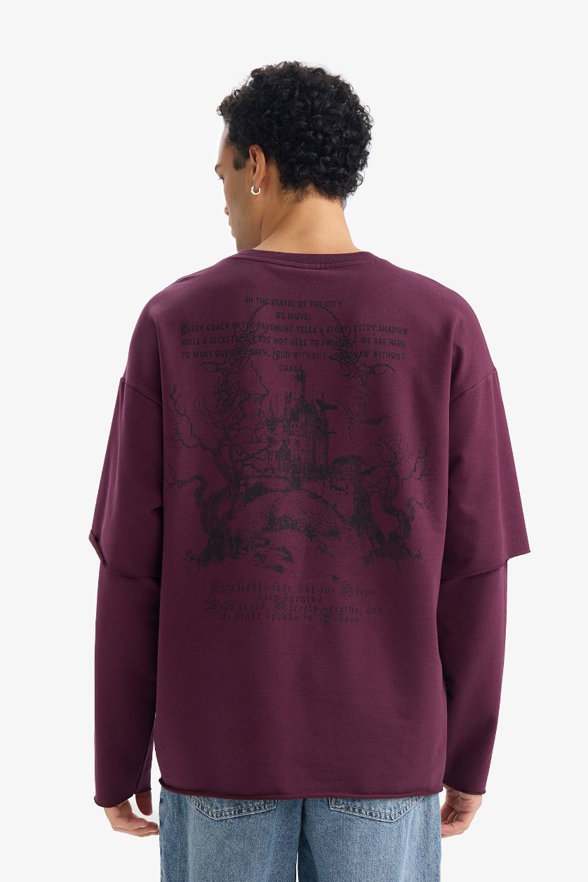 Erkek Bordo Boxy Fit Bisiklet Yaka Sırt Baskılı Sweatshirt