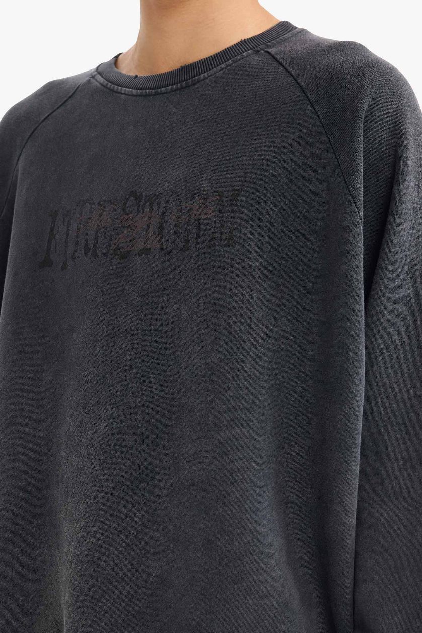 Erkek Antrasit Boxy Fit Bisiklet Yaka Baskılı Sweatshirt