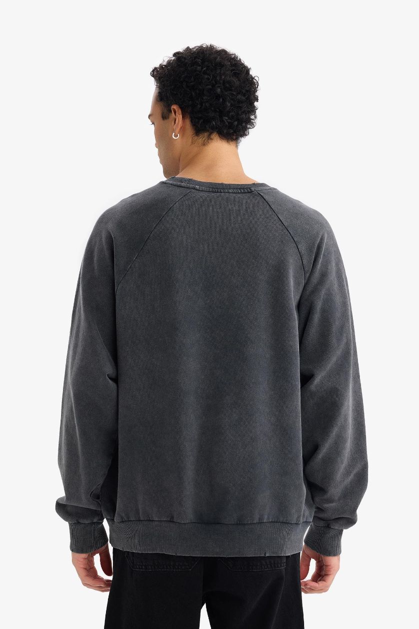 Erkek Antrasit Boxy Fit Bisiklet Yaka Baskılı Sweatshirt