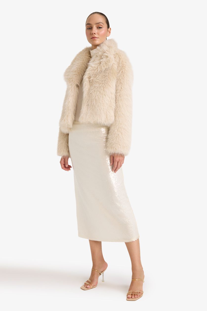 Woman Ecru A Cut Sequined Fabric Normal Waist Skirt