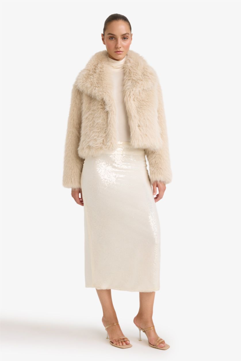 Woman Ecru A Cut Sequined Fabric Normal Waist Skirt