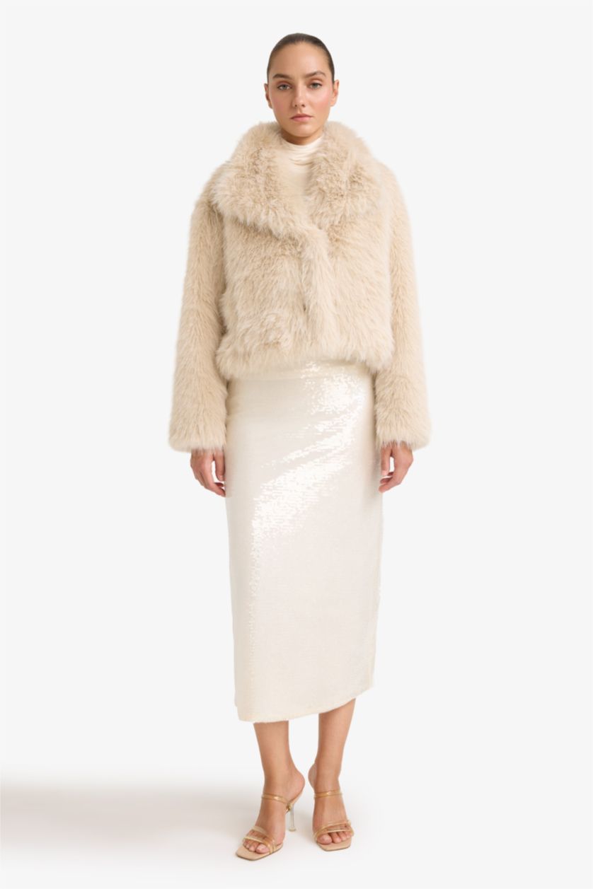 Woman Ecru A Cut Sequined Fabric Normal Waist Skirt