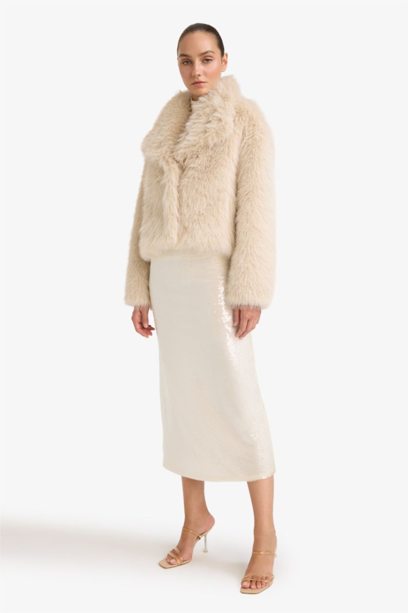 Woman Ecru A Cut Sequined Fabric Normal Waist Skirt