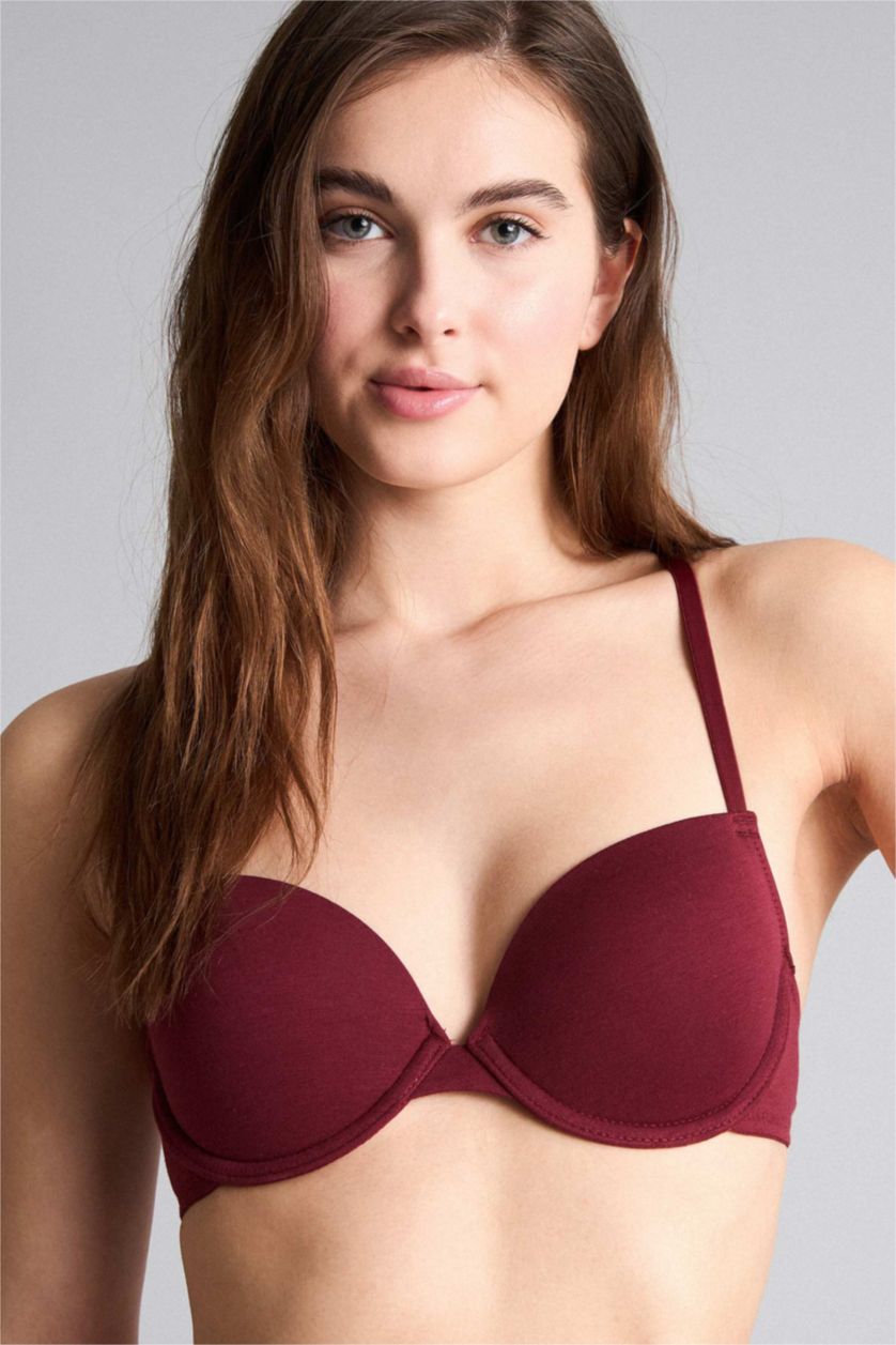Kadın Bordo Pamuklu Kaplı Pedli Balenli 2'li Tişört Bra