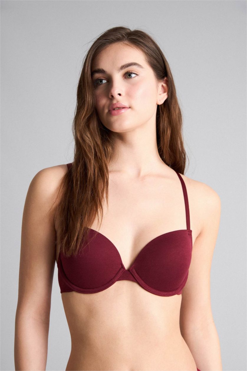 Kadın Bordo Pamuklu Kaplı Pedli Balenli 2'li Tişört Bra