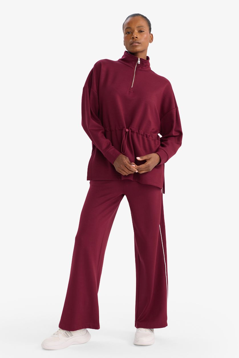 WOMAN Bordeaux Long Fit Stand Collar Elastic Waist Half Zippered Sports Sweatshirt