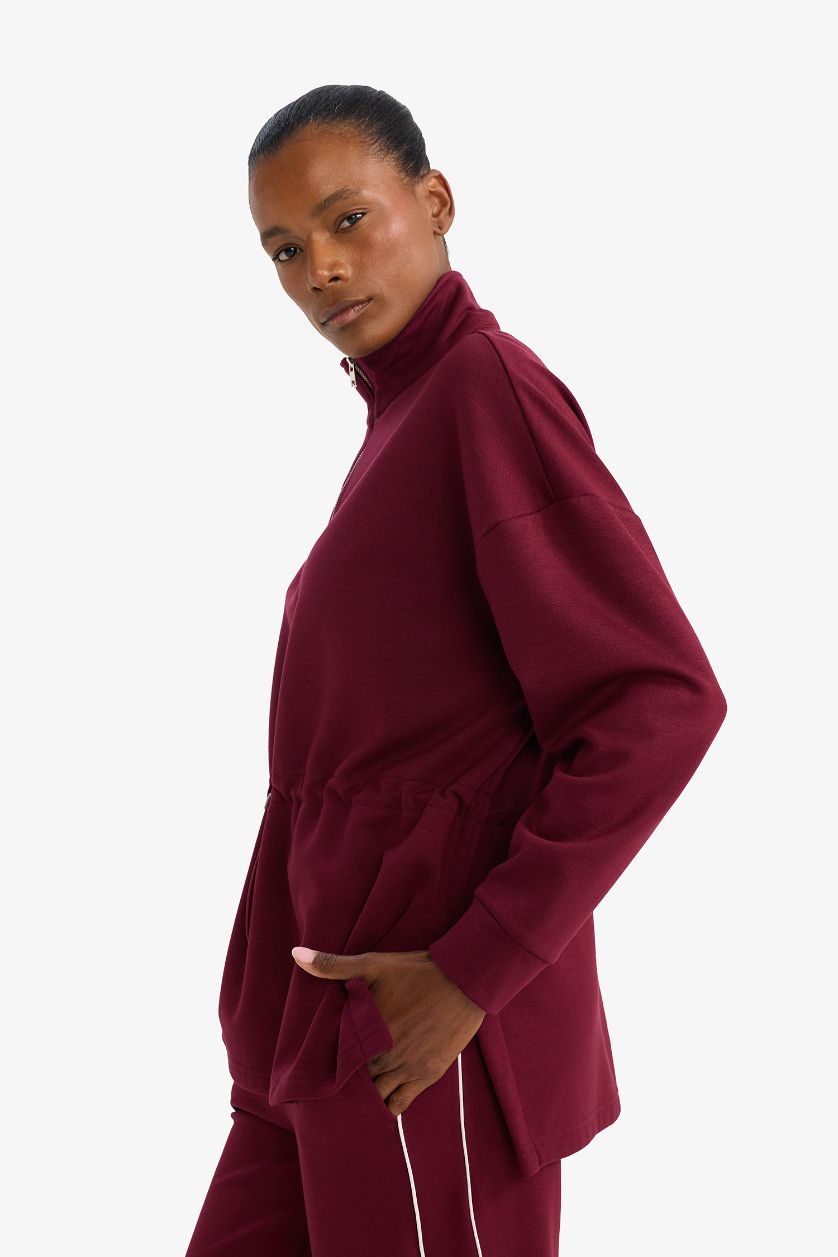 WOMAN Bordeaux Long Fit Stand Collar Elastic Waist Half Zippered Sports Sweatshirt