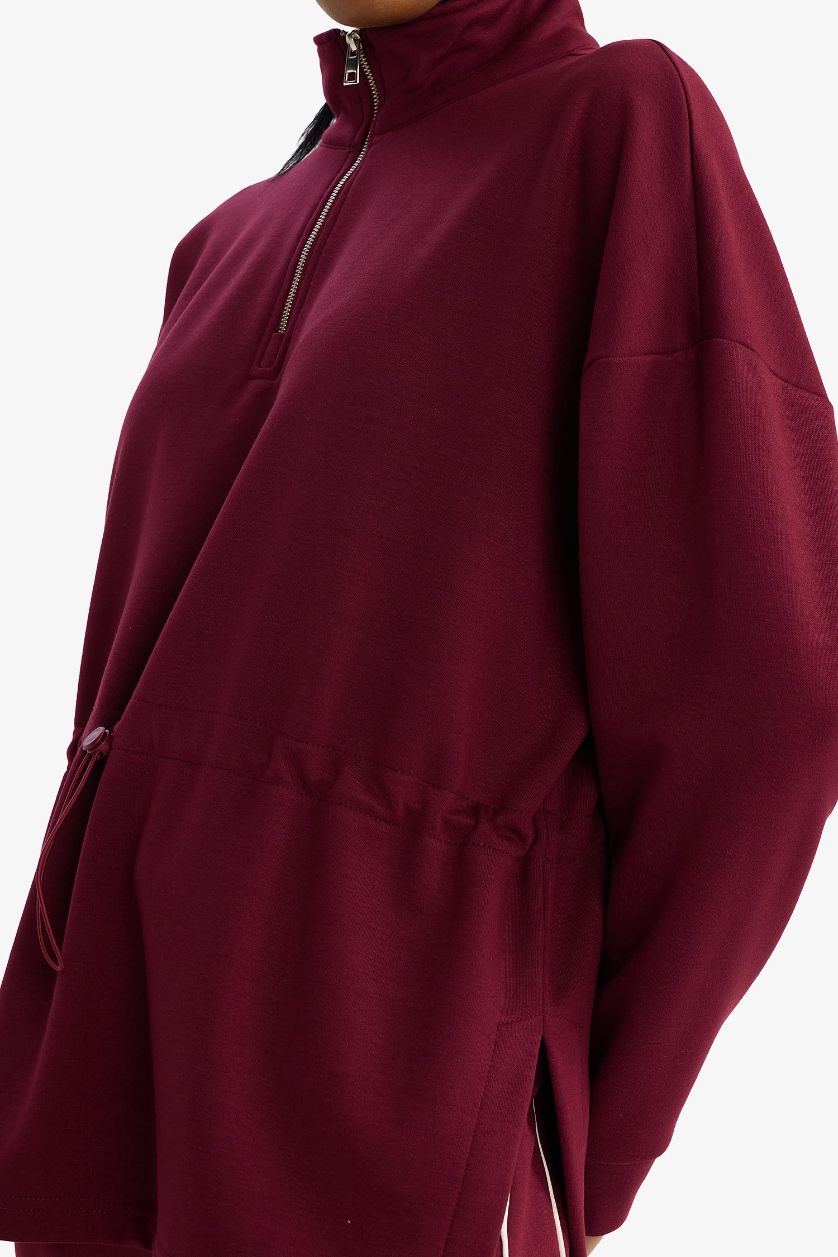 WOMAN Bordeaux Long Fit Stand Collar Elastic Waist Half Zippered Sports Sweatshirt