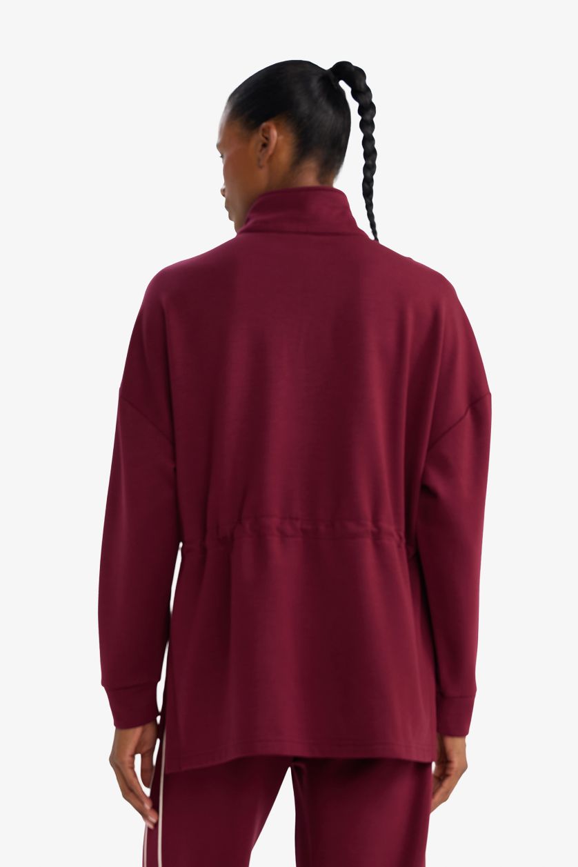 WOMAN Bordeaux Long Fit Stand Collar Elastic Waist Half Zippered Sports Sweatshirt