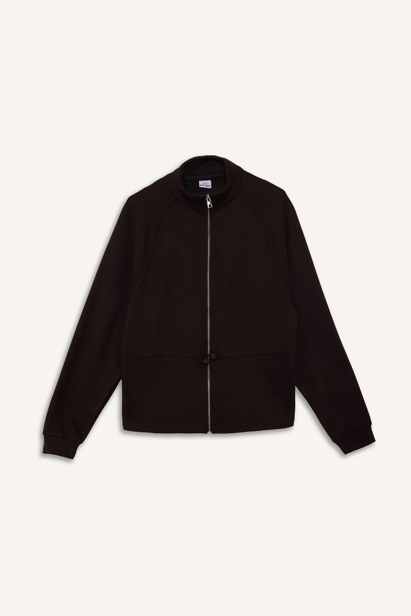 WOMAN Brown Standard Fit Stand Collar Fleece Lining Modal Cardigan