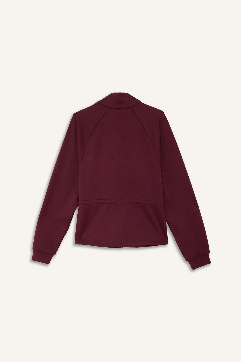 نساء خمري سترة نسيج مشروط قصة عادية برقبة عالية بجيب