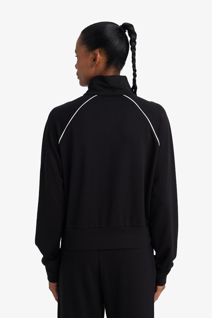 Woman Black Standard Fit Stand Collar Fleece Lining Modal Cardigan