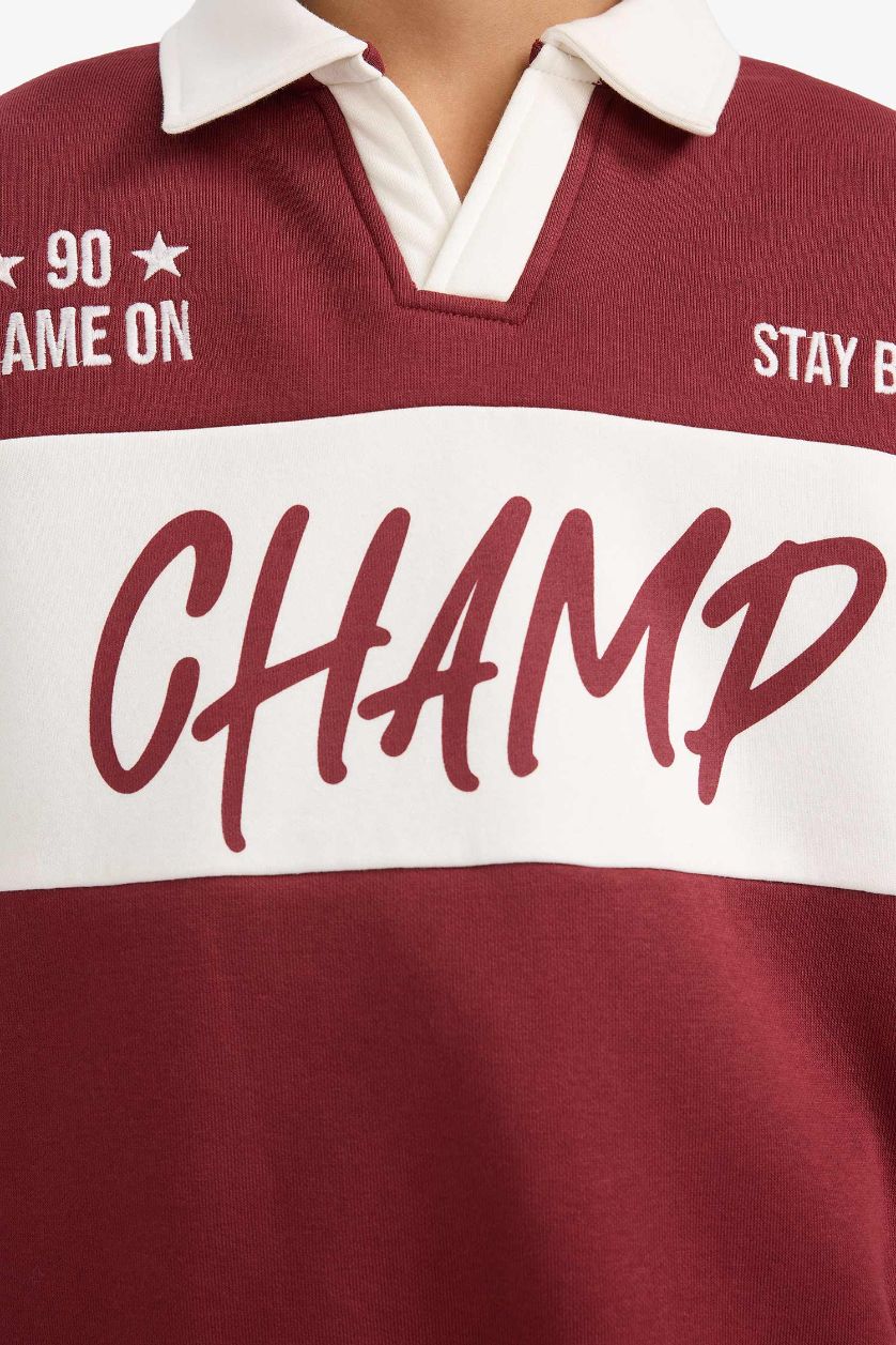 Erkek Çocuk - Genç Erkek Bordo Oversize Geniş Kalıp Polo Yaka Baskılı İçi Yumuşak Tüylü Sweatshirt Erkek Çocuk