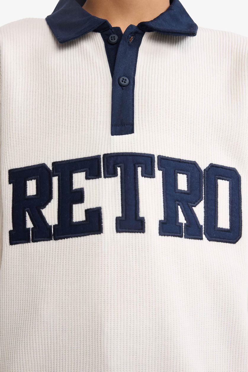 Erkek Çocuk - Genç Erkek Kırık Beyaz Oversize Geniş Kalıp Polo Yaka Baskılı Selanik Kumaş Sweatshirt Erkek Çocuk