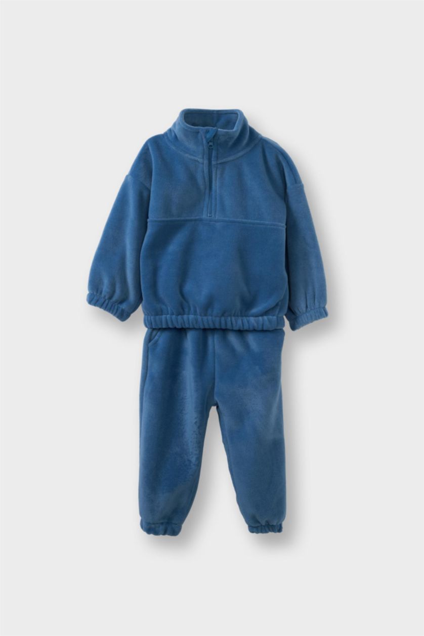 Erkek Bebek Açık Mavi 2'li Takım Polar Yarım Fermuarlı Sweatshirt Eşofman Altı Erkek Bebek