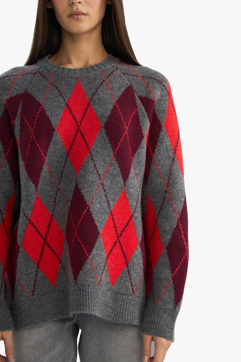 Kadın Gri Melanj Oversize Geniş Kalıp Bisiklet Yaka Baklava Desenli Triko Kazak 