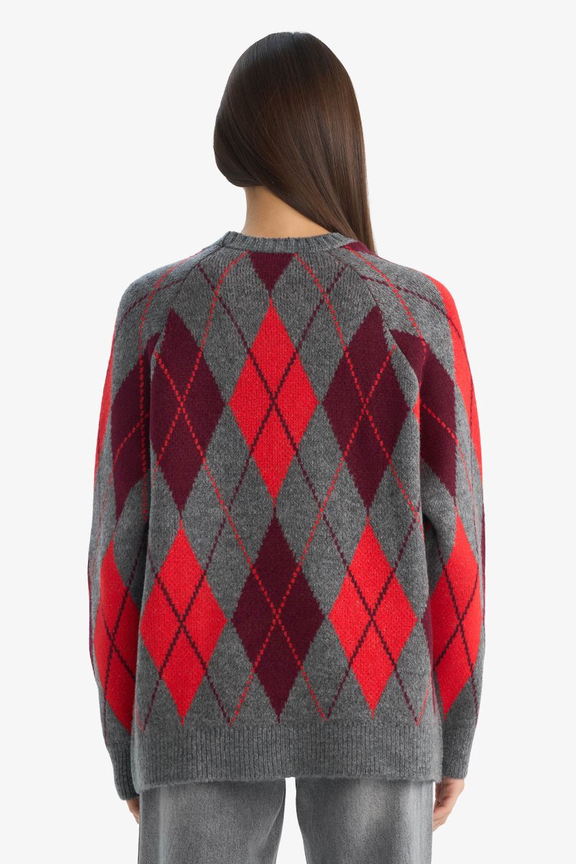 Kadın Gri Melanj Oversize Geniş Kalıp Bisiklet Yaka Baklava Desenli Triko Kazak 