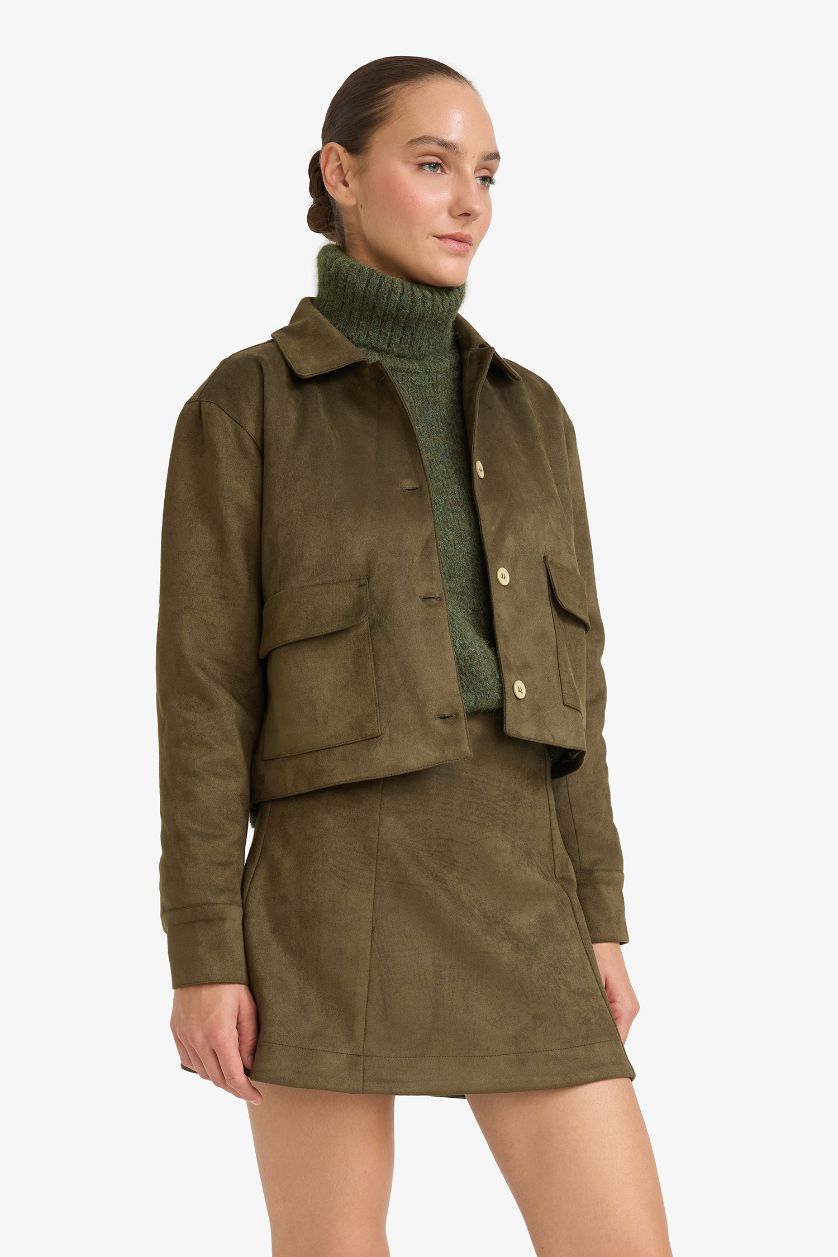 حريمي كاكي بليزر شمواه بياقة قميص بأزرار