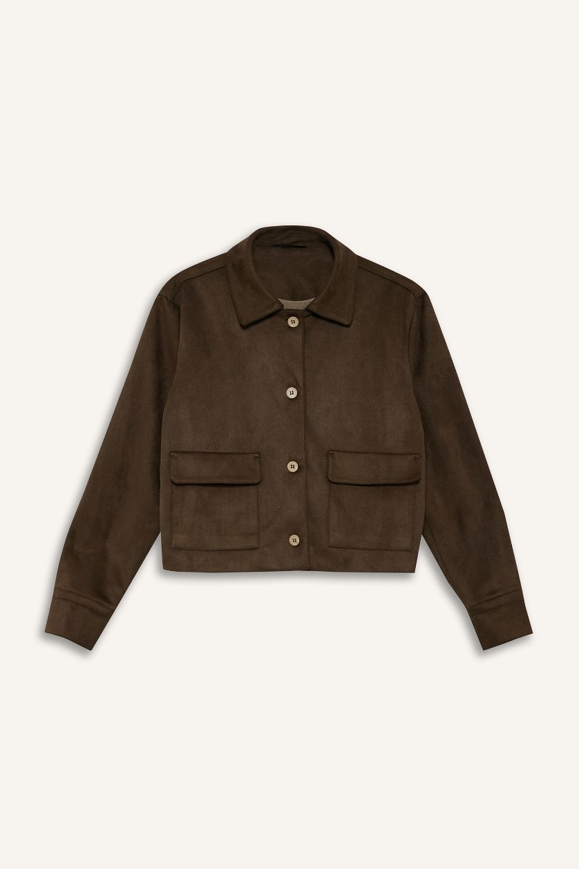 حريمي كاكي بليزر شمواه بياقة قميص بأزرار