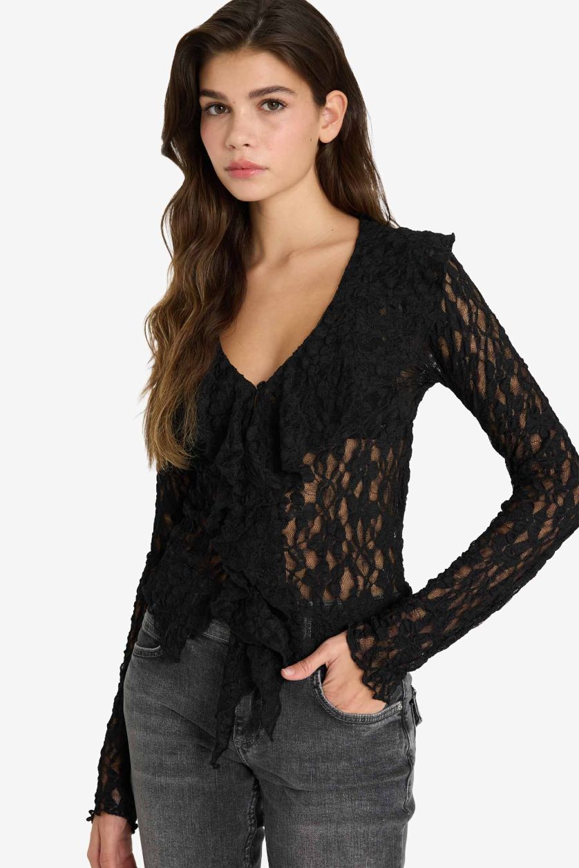 Woman Black Slim Fit Narrow Cut V-Neck Lace Long Sleeve Blouse