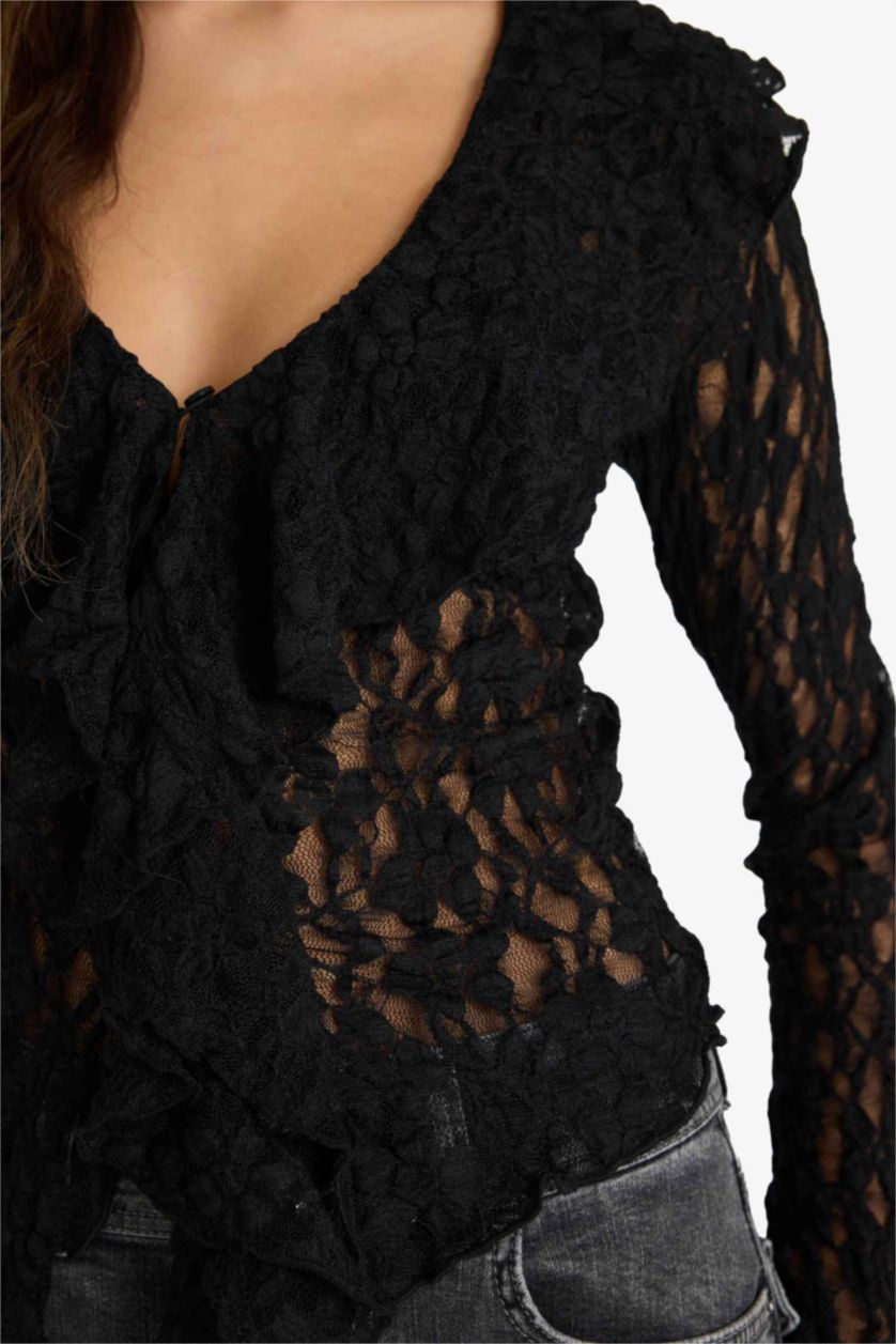 Woman Black Slim Fit Narrow Cut V-Neck Lace Long Sleeve Blouse