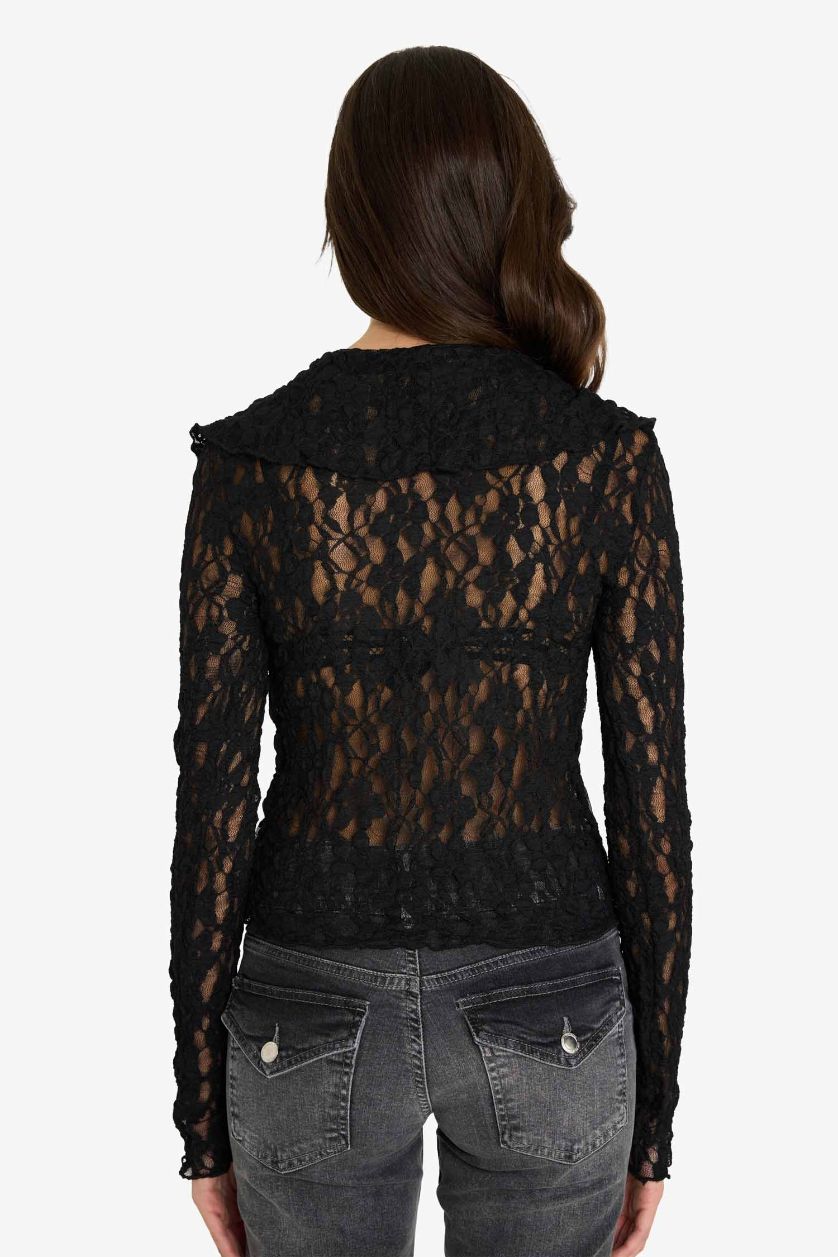 Woman Black Slim Fit Narrow Cut V-Neck Lace Long Sleeve Blouse