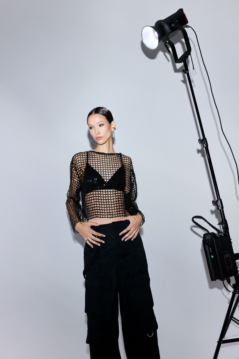 Женщины Черный Блузка с длинным рукавом Sequin для женщин