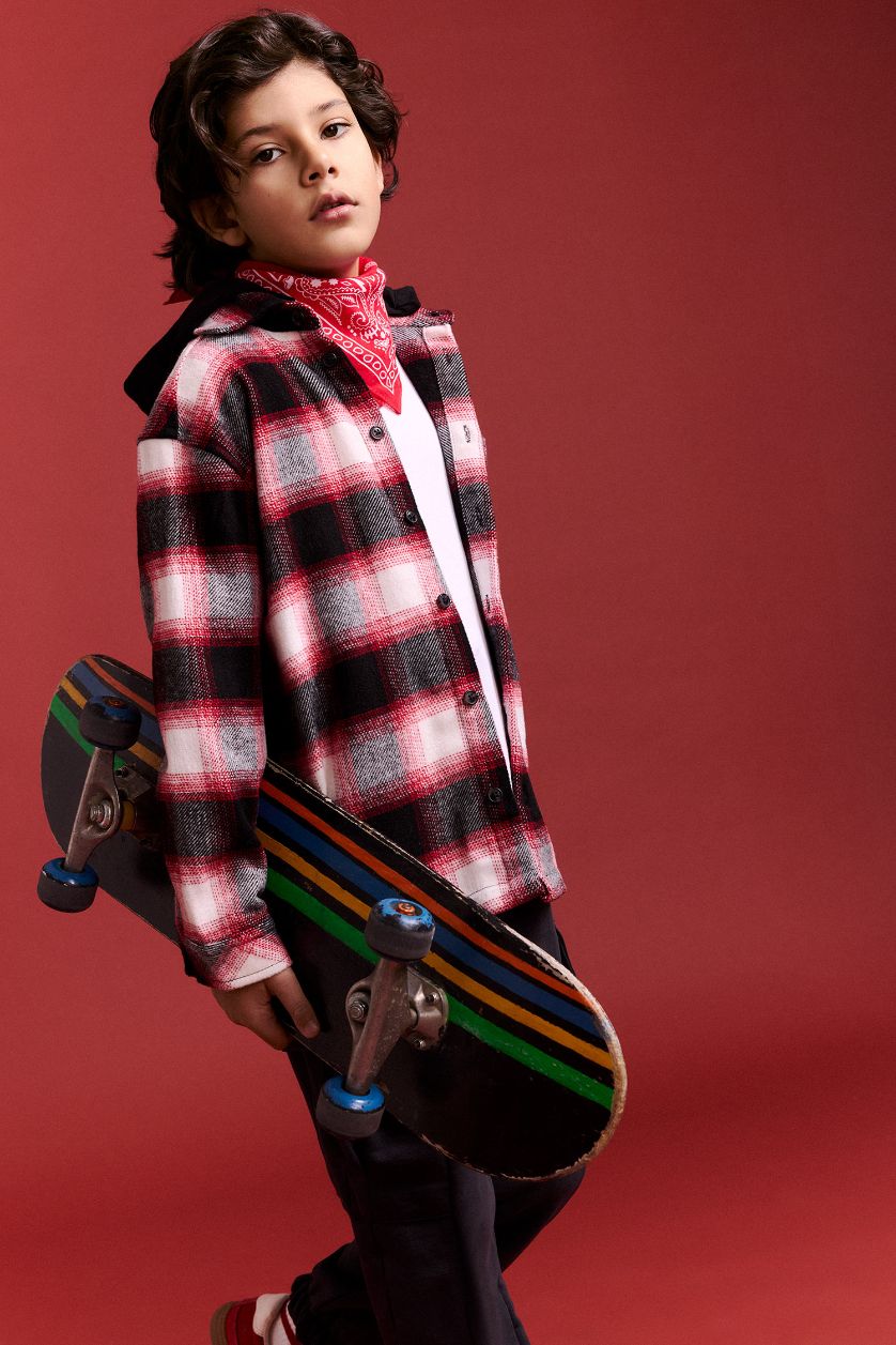 Erkek Çocuk - Genç Erkek Bordo Oversize Geniş Kalıp Kapüşonlu Ekose Desenli Flanel Uzun Kollu Gömlek Erkek Çocuk