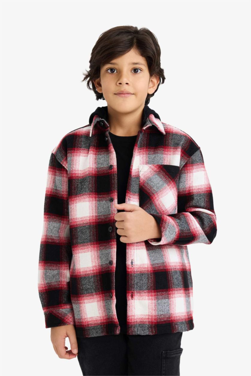 Erkek Çocuk - Genç Erkek Bordo Oversize Geniş Kalıp Kapüşonlu Ekose Desenli Flanel Uzun Kollu Gömlek Erkek Çocuk