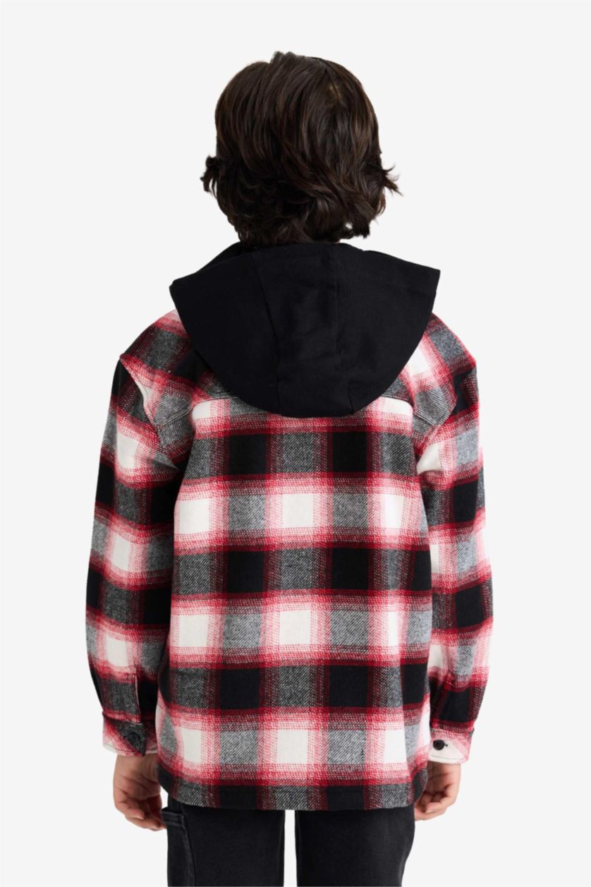 Erkek Çocuk - Genç Erkek Bordo Oversize Geniş Kalıp Kapüşonlu Ekose Desenli Flanel Uzun Kollu Gömlek Erkek Çocuk