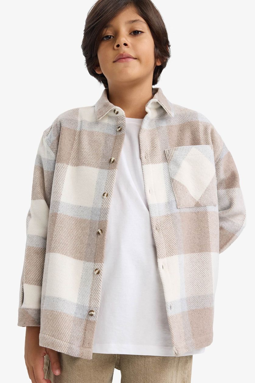 Erkek Çocuk - Genç Erkek Taş Overshirt Fit Polo Yaka Ekose Desenli Flanel Uzun Kollu Gömlek Erkek Çocuk
