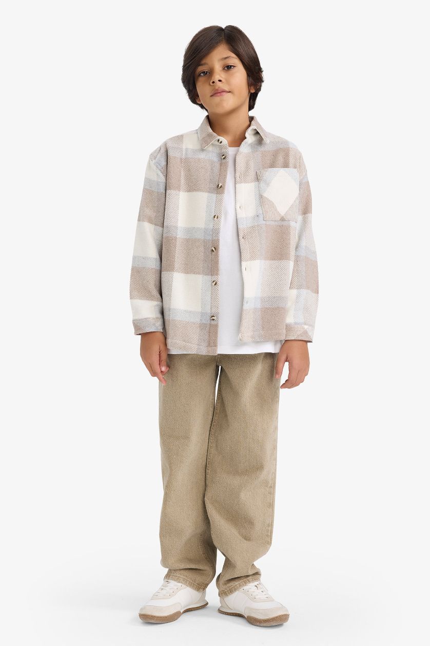 Erkek Çocuk - Genç Erkek Taş Overshirt Fit Polo Yaka Ekose Desenli Flanel Uzun Kollu Gömlek Erkek Çocuk