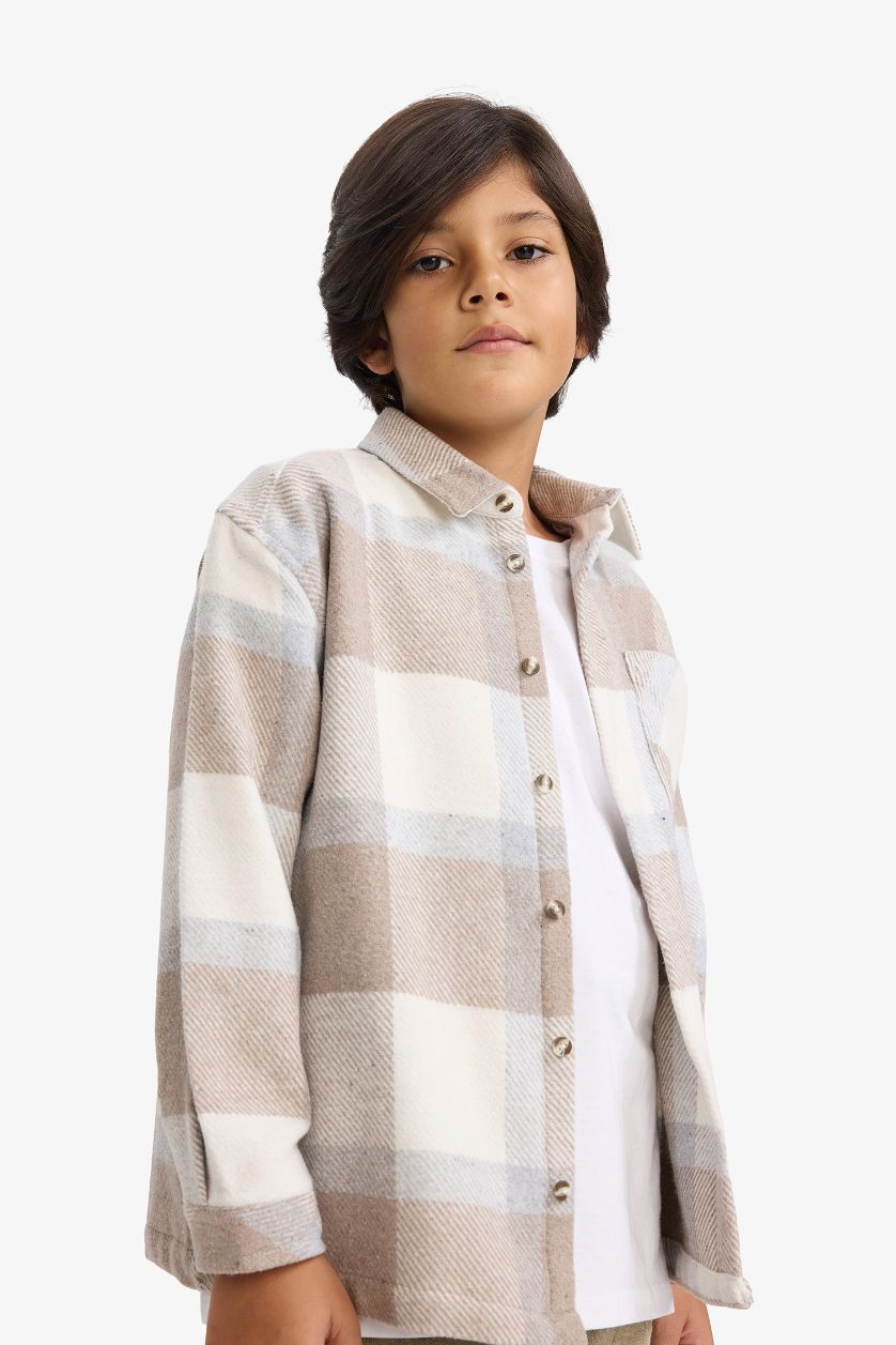 Erkek Çocuk - Genç Erkek Taş Overshirt Fit Polo Yaka Ekose Desenli Flanel Uzun Kollu Gömlek Erkek Çocuk