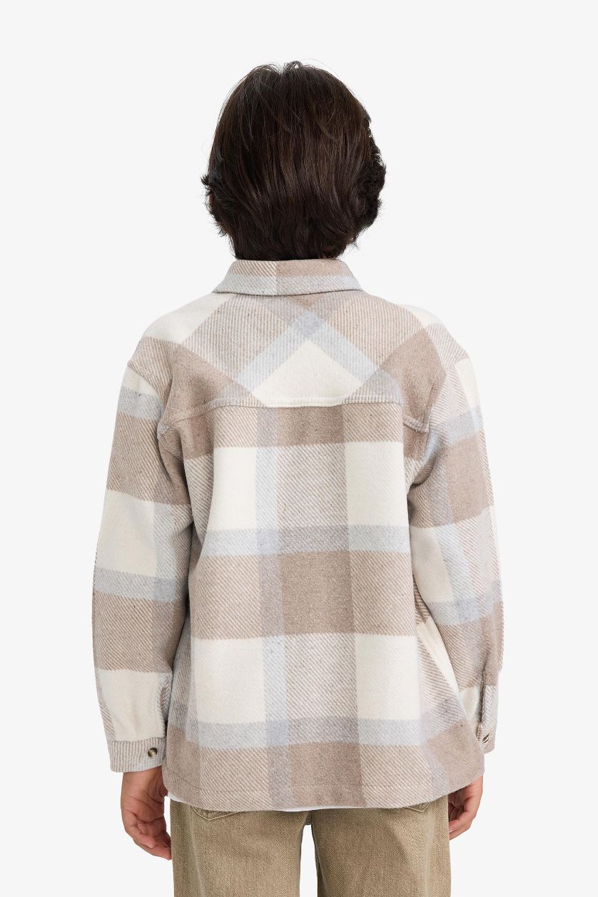 Erkek Çocuk - Genç Erkek Taş Overshirt Fit Polo Yaka Ekose Desenli Flanel Uzun Kollu Gömlek Erkek Çocuk