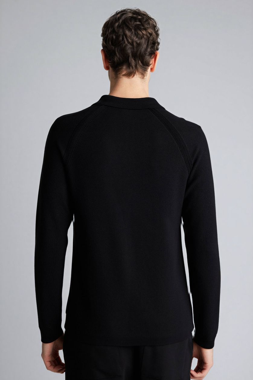 رجال أسود بلوفر تريكو قصة عادية برقبة بولو