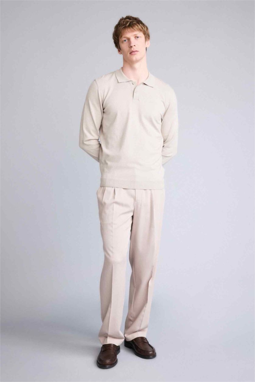 Man Beige Melange Standard Fit Polo Collar Knitwear Pullover