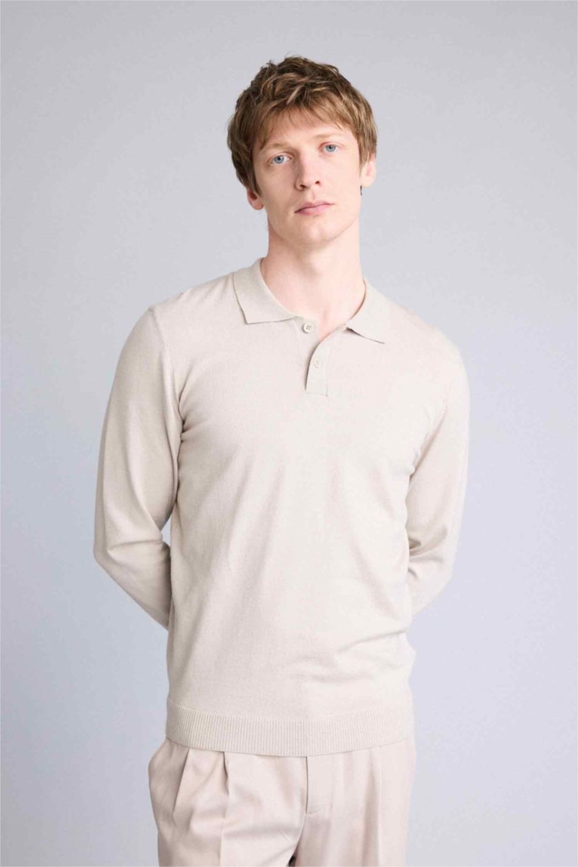 Man Beige Melange Standard Fit Polo Collar Knitwear Pullover