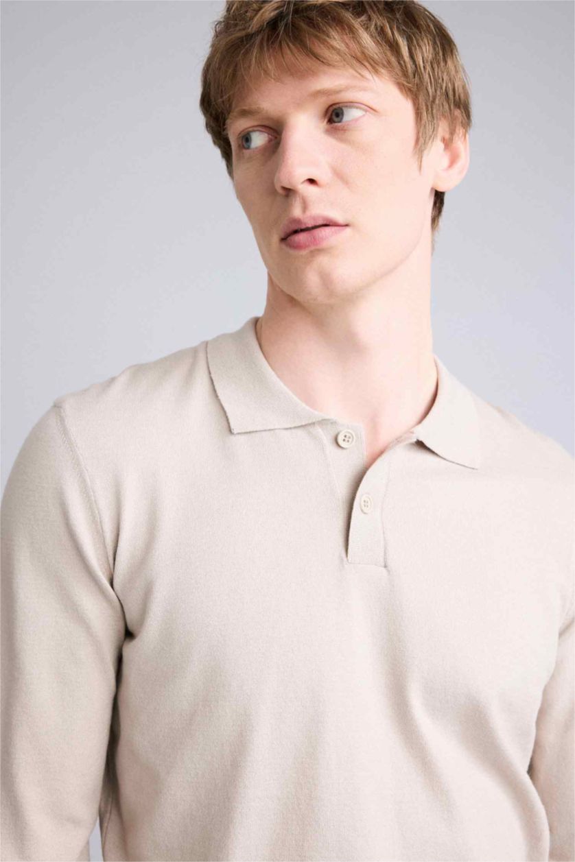 Man Beige Melange Standard Fit Polo Collar Knitwear Pullover